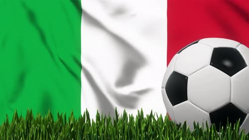 Waving Italy Flag with Soccer Ball on Green Grass