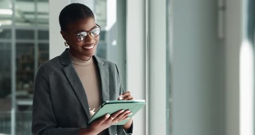 Pen, thinking and business black woman on tablet for website, research and online project