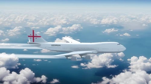 Commercial Airliner Passanger Plane Jumbo Jet Flying Over Clouds With Country Flag Georgia