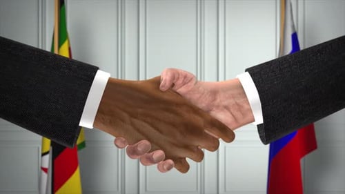 International Handshake and Corporate Diplomacy with National Flags