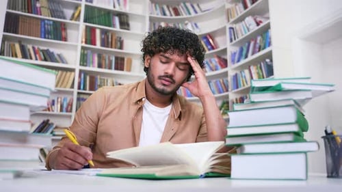 Tired student studying by reading books, taking notes in campus library space. Exhausted male