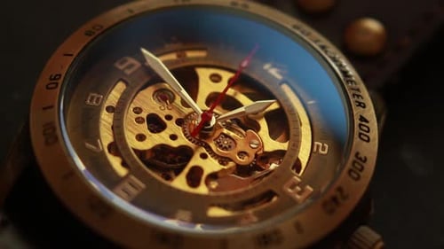 Nahaufnahme einer Steampunk-Armbanduhr im Zeitraffer