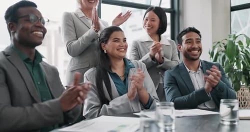 Business people, applause and workshop in conference room, diversity and support