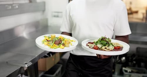 Restaurant, kitchen and hands of waiter with food for serving gourmet dish, cuisine and meal