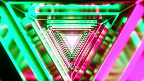 Abstract neon triangles flying and rotating, seamless loopable background