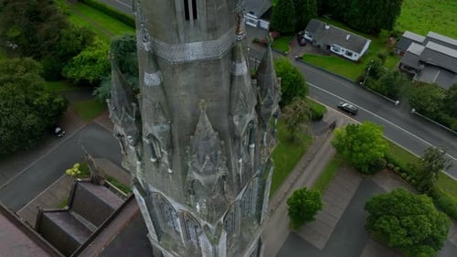 St. Cathedral, County Monaghan, Ireland, September 2022. Drone in Bird's eye view slowly descends an