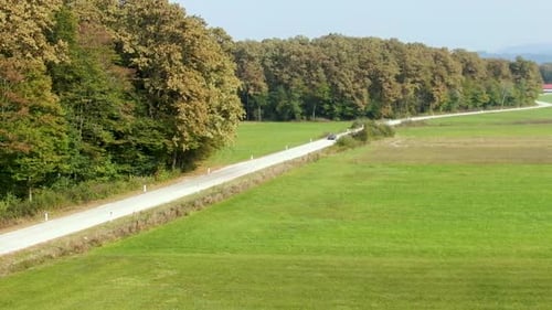 Oldtimer convertible drives down a country road on a sunny summer day