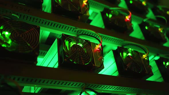 Bitcoin Miners in Large Farm ASIC Mining Equipment on Stand Racks Mine ...