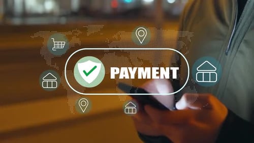 Sicheres Technologiekonzept für mobile Zahlungen mit Smartphone- und digitalen Banking-Symbolen für Online-Zahlungen