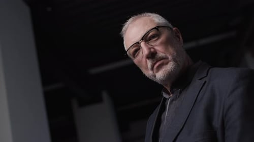 Porträt eines erwachsenen Geschäftsmannes mit Brille, der mit selbstbewusstem Gesicht in die Kamera blickt