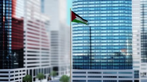 Realistic 3D Palestine Flag Waving Over Modern City Building