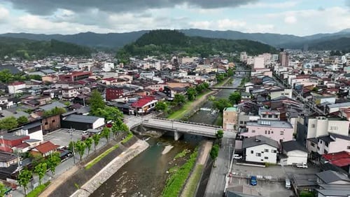Aerial view of bridges over river in Takayama, Japan.