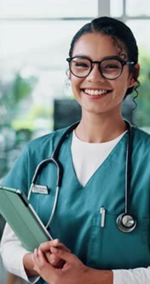 Face, healthcare nurse and happy woman with tablet in hospital for service, telehealth or wellness