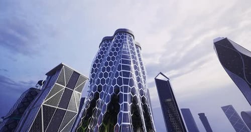 Edificios innovadores con patrones de panales de abeja se levantan contra un cielo nublado