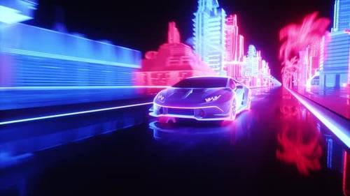 Neon Glowing Sport Car Riding In Neon City