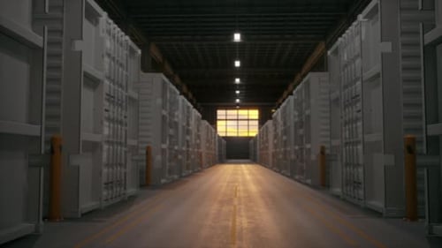 Self Storage Units Hallway Symmetrical Perspective Moody Lighting