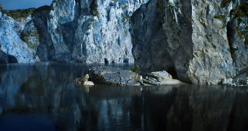 Serene Landscape with Rocky Cliffs Reflecting in Still Water at Twilight