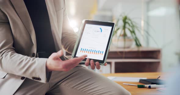 Tablet screen, presentation and man in office, charts for profit ...