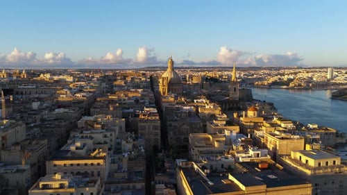 Valletta At Sunrise, The Historic Capital City Of Malta. Aerial Drone Shot