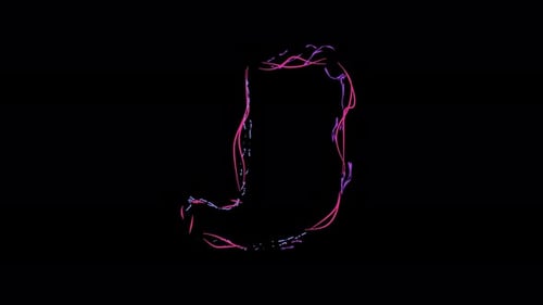 Letter J made of multicolor neon curves and lightnings on alpha. Loop 4k clip.