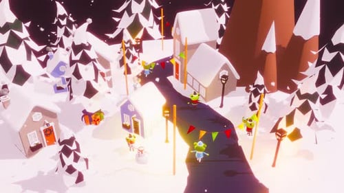 Low Poly Winter Christmas Village Night Scene Animation