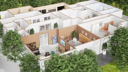 Overhead View of Modern House Floor Plan with Interior Details