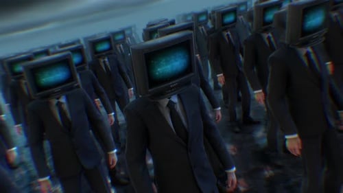 Crowd of Businessmen with Retro Glitching TV Heads Walking
