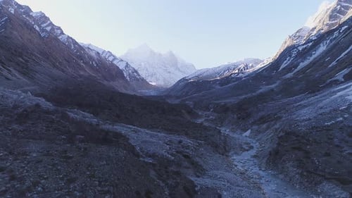 Aerial View of Snowy Mountains and Valley