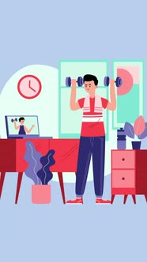 Animated Flat Design of Man Doing Home Workout Online