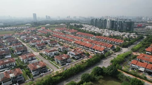 4K Aerial drone shot of a housing area in Glenmarie Subang Jaya hazy weather crane up shot