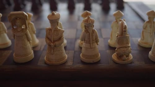 Chessboard with Elaborate Pieces Closeup View Strategic Play Intellectual Challenge Detailed Figures