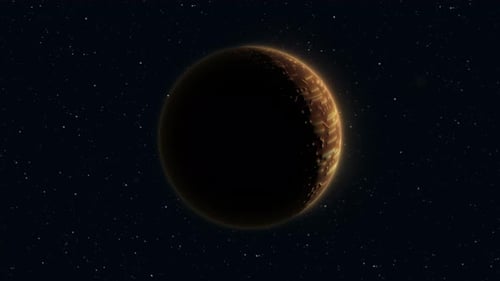 Abstrakter geschlungener, sich drehender Planet, gelbe runde Kugel im Weltraum vor dem Hintergrund