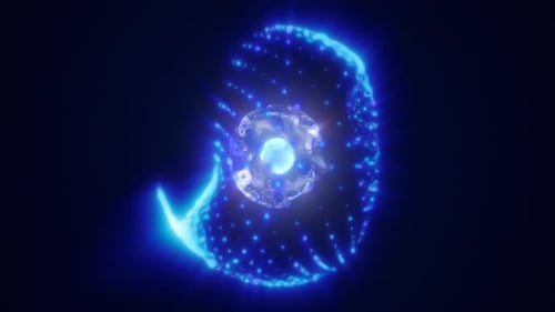 Abstract energy sphere with flying glowing bright blue particles, science futuristic atom
