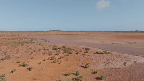 Fixed drone clip showing wide expanse of remote Australian outback to the horizon, with native plant