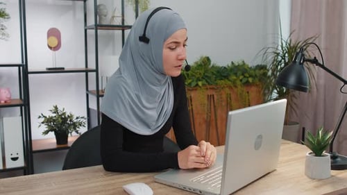 Businesswoman Working on Laptop Wearing Headset Call Center Support Service Operator Office Helpline