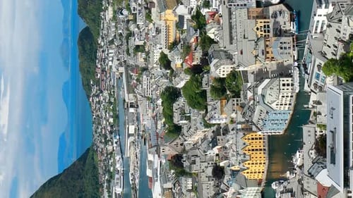 Alesund Norway Aerial View Of Alesund Skyline Cityscape Historical Center In Island Vertical Footage
