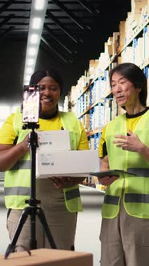 Warehouse Employees Presenting a Delivery Shipment on Camera