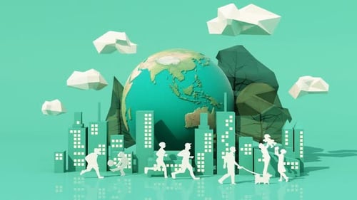 Geometric Cityscape with Diverse People and Rotating Globe Animation