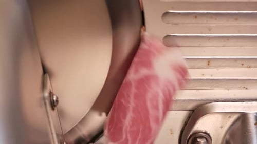 Hand Slice Raw Meat with Slicer, Close Up