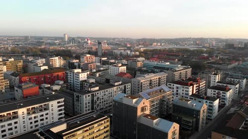 Living apartment building district of Hisingen town in Sweden, aerial drone view