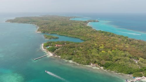 Drone view of Isla Grande in Rosario Islands, Colombia, surrounded by crystal clear Caribbean