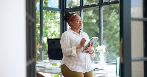 Freelancer, creative and woman with tablet, home and planning for design on web