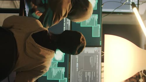 Hooded Coder Works at Multiple Monitors at Night