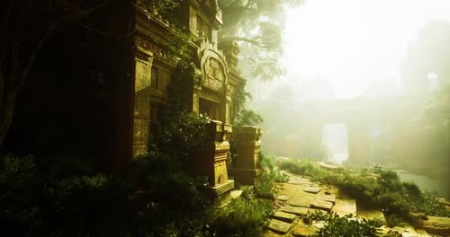 Ancient Ruins Surrounded By Lush Vegetation in Misty Atmosphere Near Stream