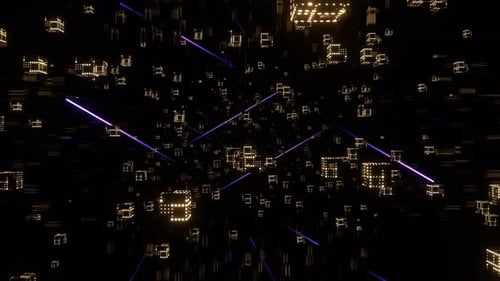 Purple And Yellow Levitating Cubes And Neon Lines In Cyberspace Background Vj Loop In 4K
