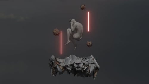 Surreal Abstract Figure Floating with Neon Light Beams