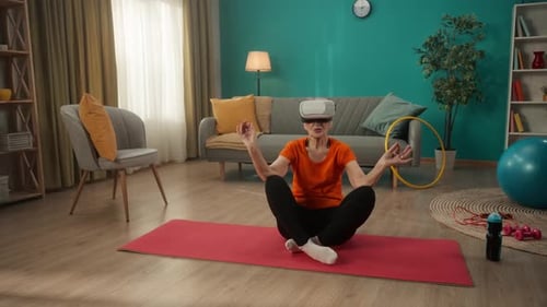 Senior Woman Meditating with VR Headset at Home