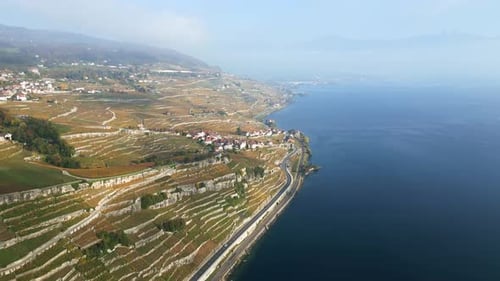 Push in drone shot of Lavaux vineyards with Lake Geneva