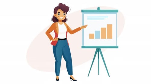 Cartoon Woman Presenting Animated Bar Chart on Easel