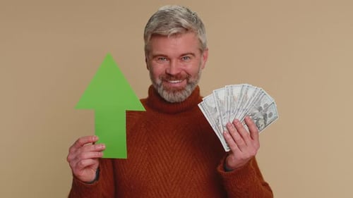 Happy Man With Cash and Upward Arrow